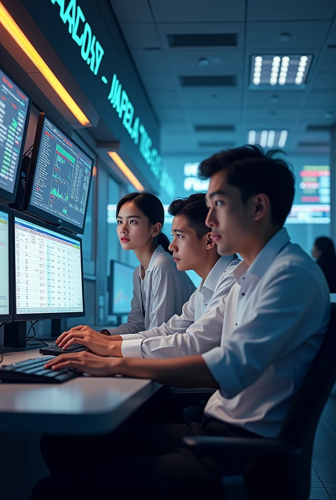 Stock market trading bay and sell men and small room computer setup for computer small room and 2 men white shirt black pants written by love is butiful but trading is powerfull and one girl lafing
