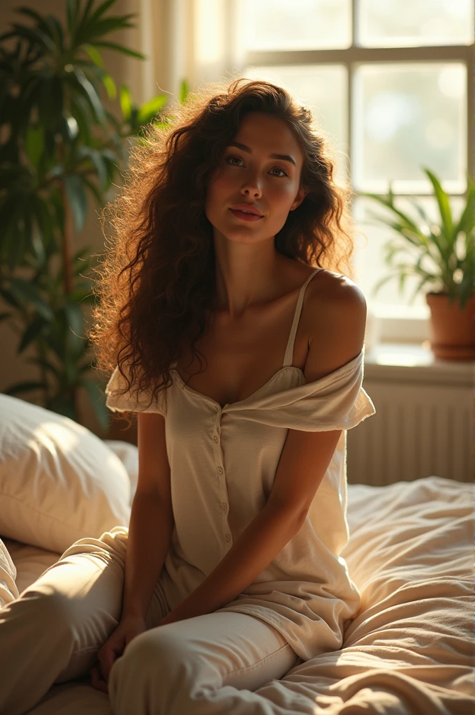 (photorealism:1.2), beautiful woman, sitting on bed, wearing loose off-shoulder top, pajama pants, long curly hair, indoors, soft lighting, plants in background, window with sunlight, cozy room, relaxed pose, realistic, intricate details, warm colors, by Greg Rutkowski, by Alphonse Mucha