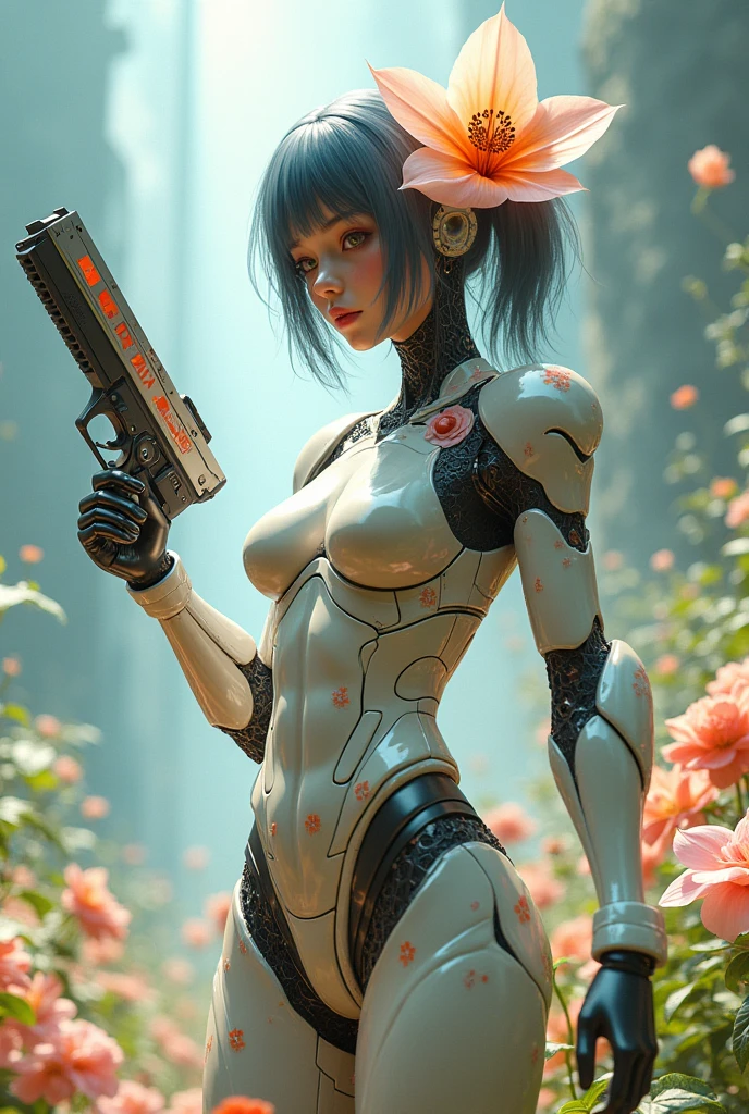 Flower Guardian Mutant cyborg woman with flower holding pistol anime 3d cyborg outfit mixed with closed flowers