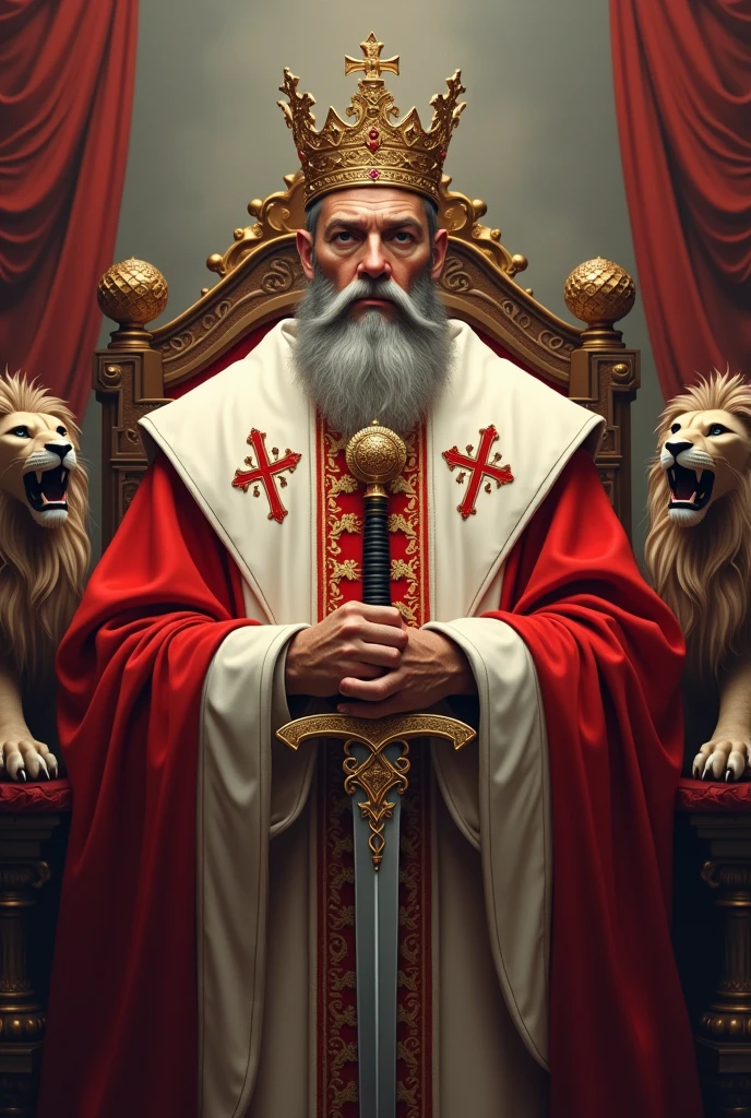 Catholic king, approximately 40 years old, with crown, sword, red and white clothes, full and neat gray beard. Lion decorations and flags back, white and red