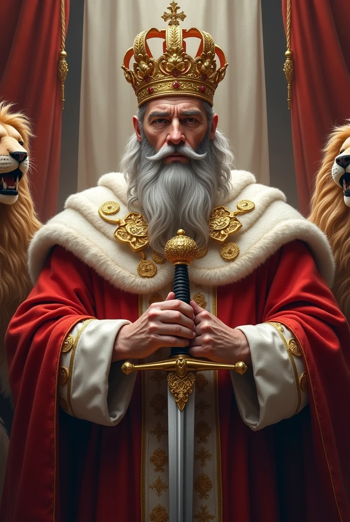 Catholic king, approximately 40 years old, with crown, sword, red and white clothes, full and neat gray beard. Lion decorations and flags back, white and red