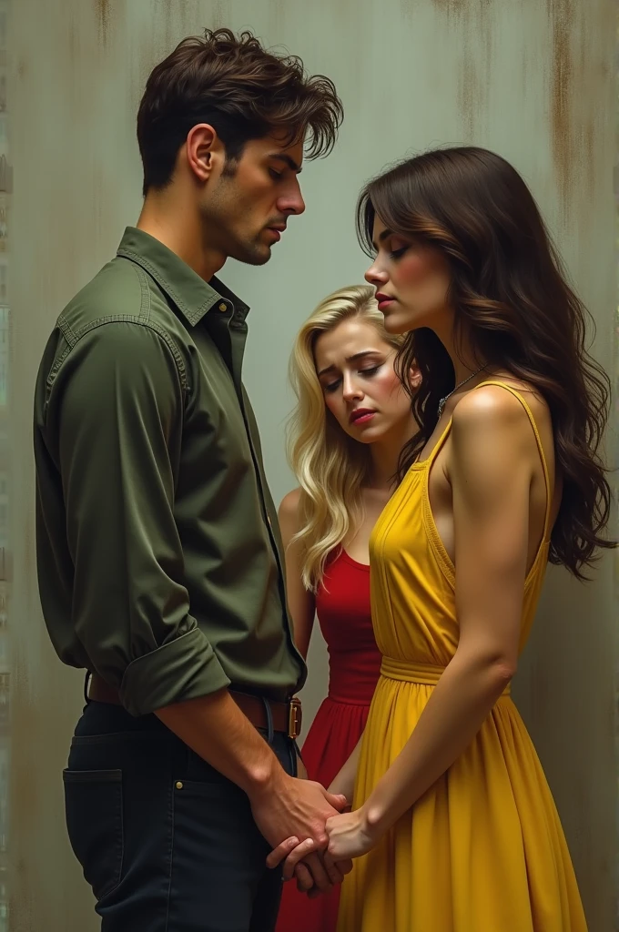 Man holding hands with a brunette woman dressed in yellow. Ao fundo, a blonde woman dressed in red crying, because it was exchanged by man.