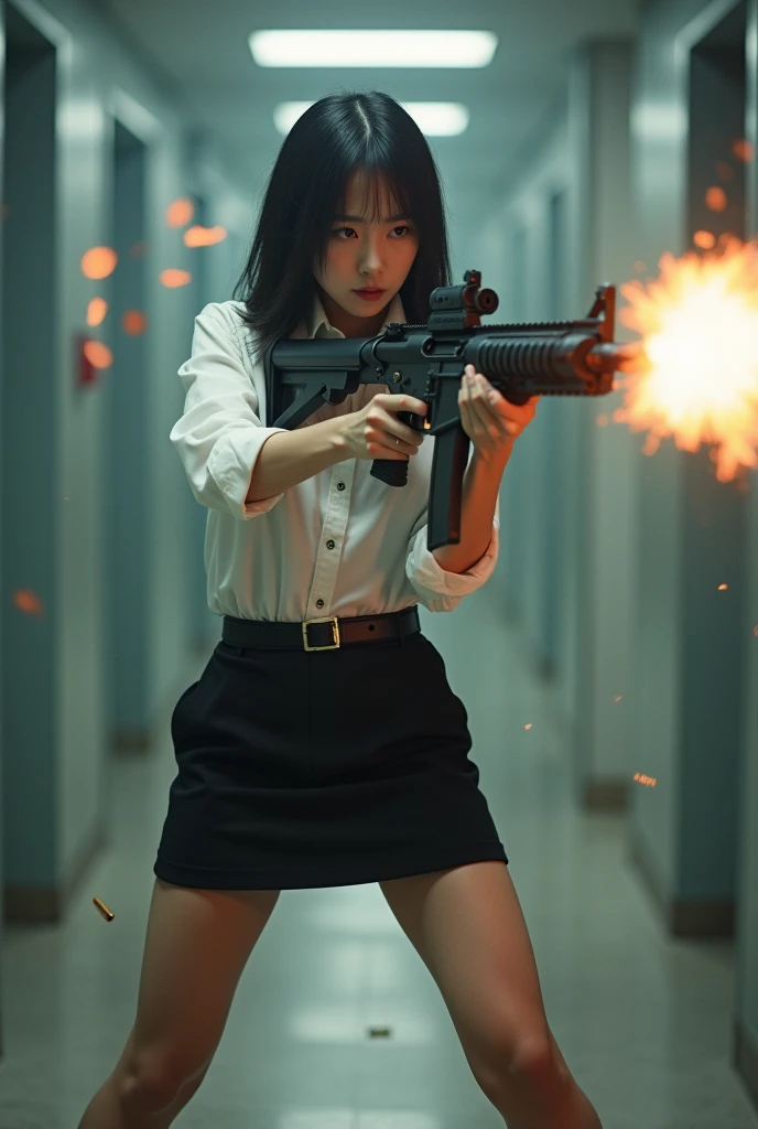 beautiful chinese office lady white shirt mini skirt realistic machine gun toting hip firing real person legs apart standing rampage shooting serious expression looking at side target facing