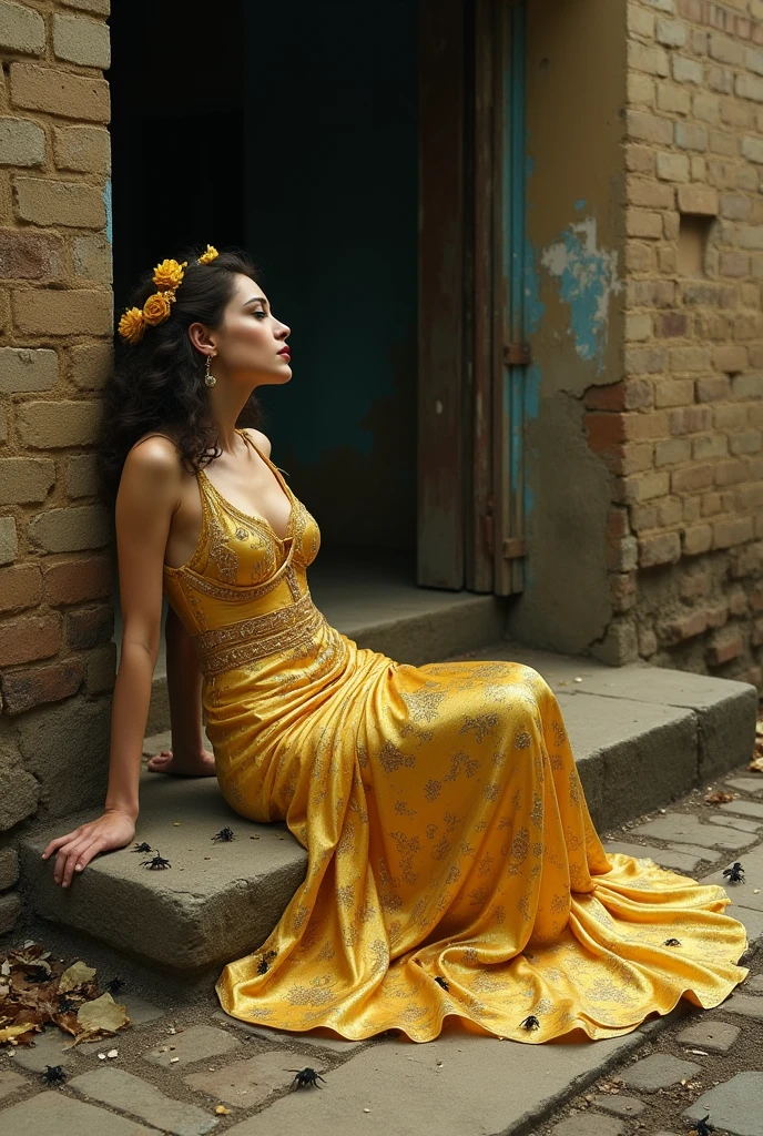Goddess in gold dress sprawled on the doorstep of a dirty brick building with bugs on the street