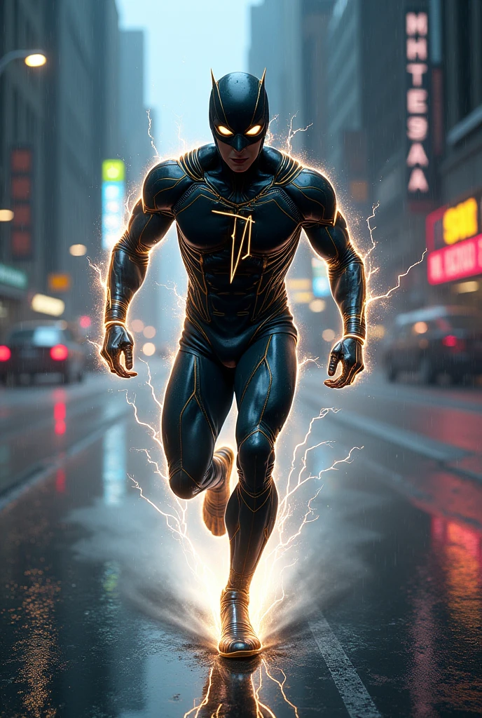 a superhero with super speed in a black lightning suit