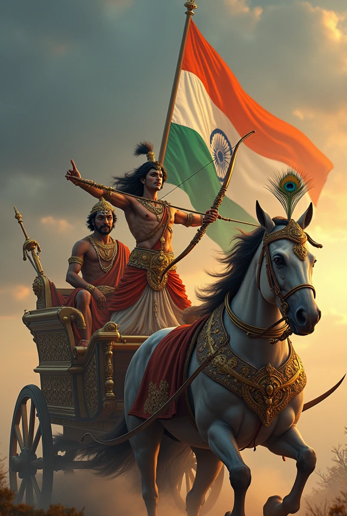 Arjun handling bow and arrow on a grand chariot with lord krishna wearing peocock feather crown, on chariot Indian flag is their going to beat all diseases and crurlism in this modern world
