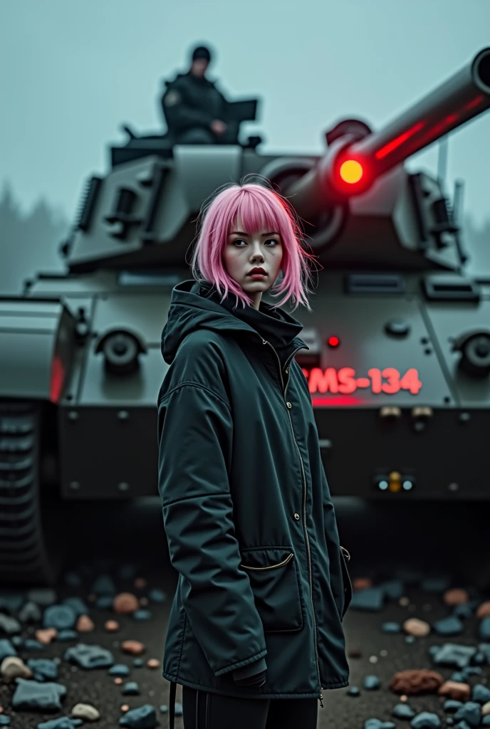 work of art, best qualityer, ultra realistic, 超detailded, 8K resolution, CRU photo, sharp focus, (1 girl) pink  hair, war tank with a luminous sign written "FMS-134" cinematic, cinematic light, dark theme