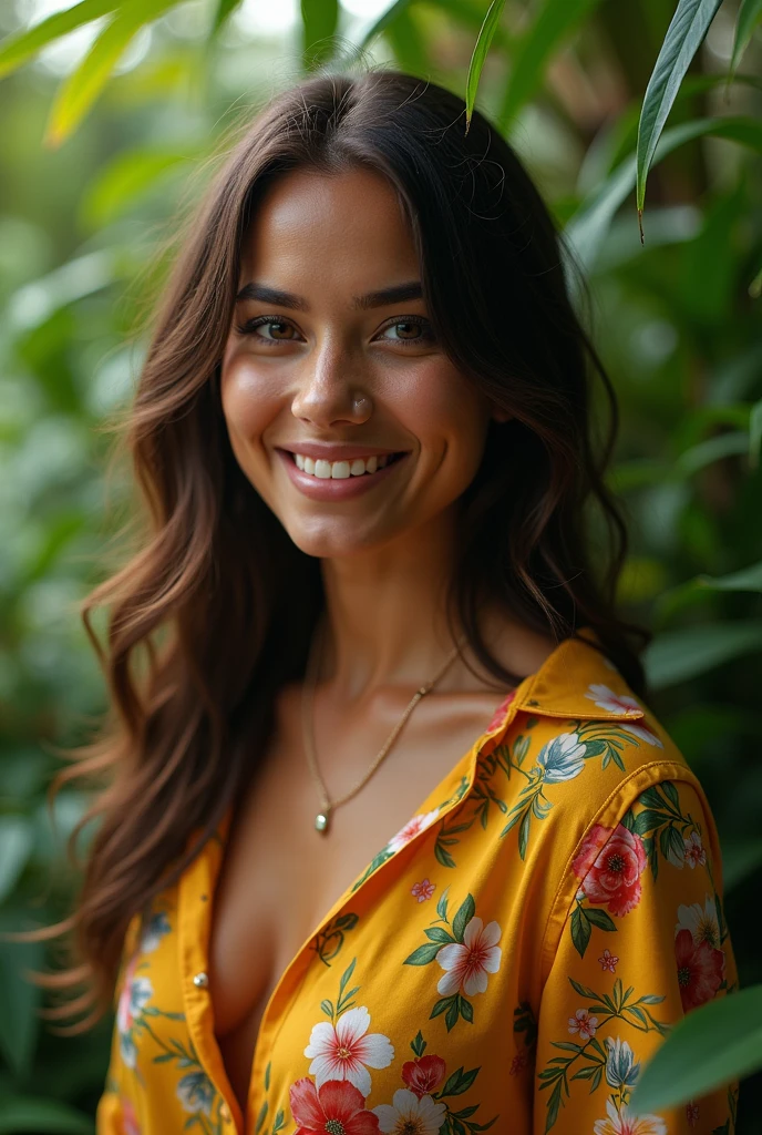 A Brazilian woman in a lush tropical garden, wearing an open shirt with a floral print, with a close-up capturing the harmonious beauty between her breasts and the natural flowers, showing off your natural charm and outgoing personality.