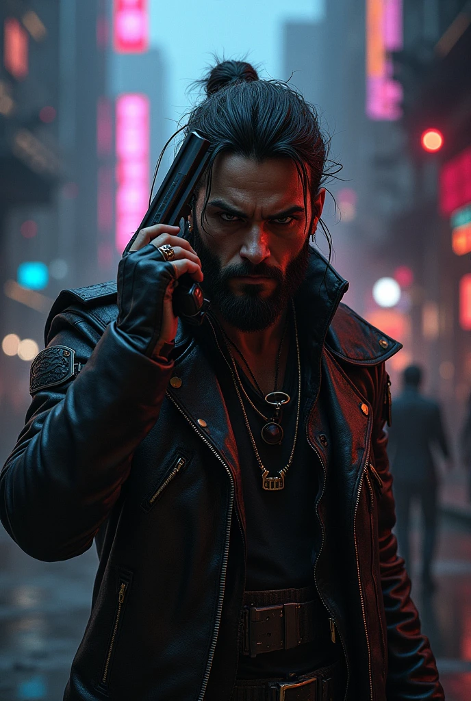V cyberpunk 2077 character with a pistol to his head