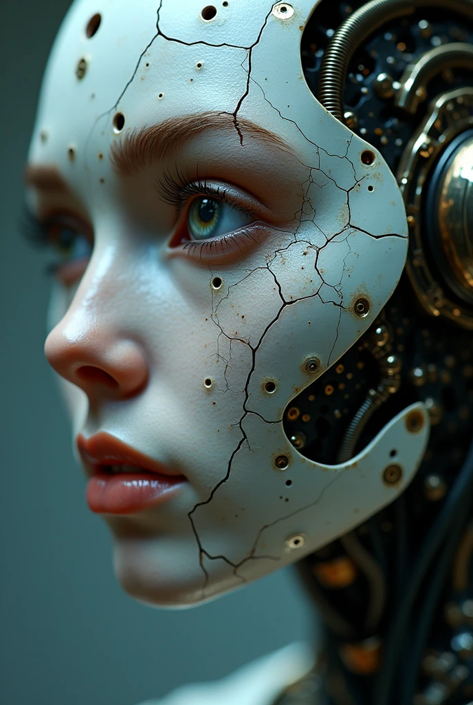 A close-up of the robot&#39;s face, which is shaped like an electric panel connected by threads, lightly marked with fine wear, shortening and cracks, which reveal inner fragility. Eyes without emotion, but suggesting repressed feelings.Soft lighting highlights the structure and nuances of the surface, while the blurred background emphasizes the intensity of the expression. A hyper-realistic style with a cinematic feel captures the vulnerability and power of emotions.