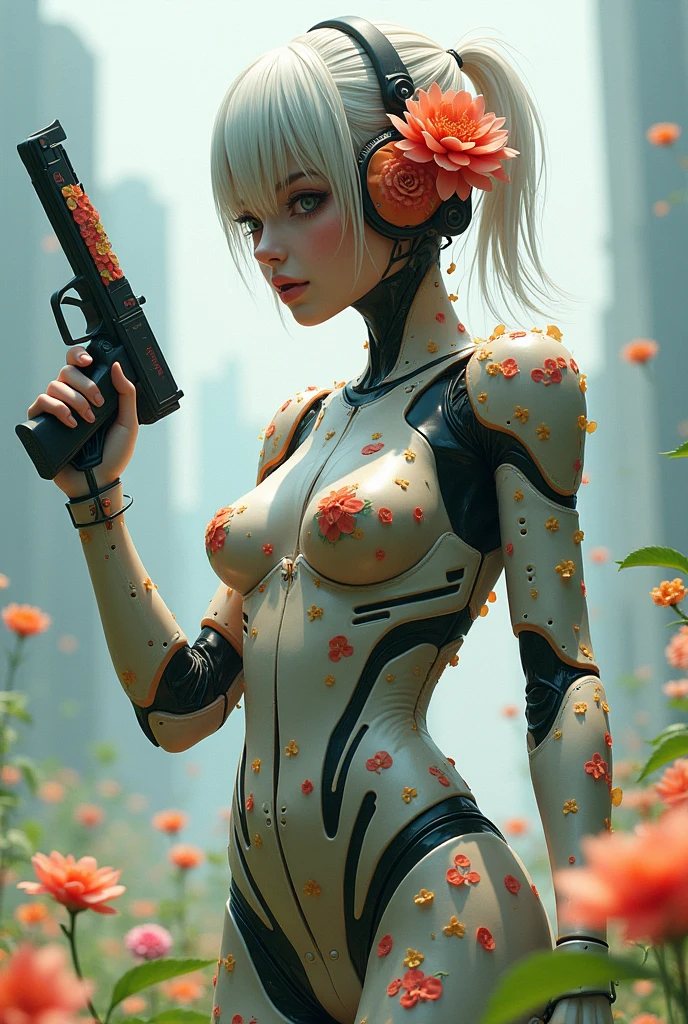 Flower Guardian Mutant cyborg woman with flower holding pistol anime 3d cyborg outfit mixed with closed flowers