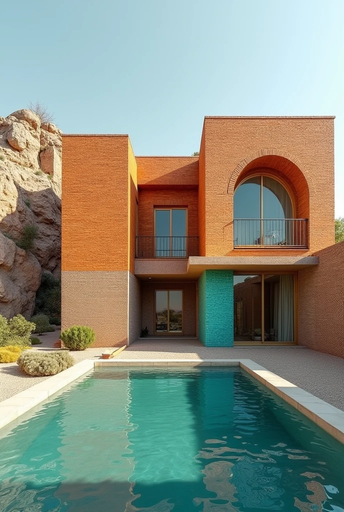 The design of an ecotourism residence with Iranian architectural style in a cold and dry climate on topography with a landscape with a combination of orange and turquoise brick materials with a pool and a parametric view