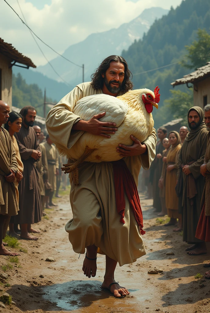 Create a dramatic scene of real Jesus Christ struggling to carry a giant chicken in his sholder up a muddy, rural road in a mountainous village. The sky is overcast, reflecting his effort and suffering. Jesus is visibly sweating and tears are streaming down his face. Villagers are watching him with expressions of awe and concern. The road is rough and the village is rustic, with simple, traditional houses in the background."