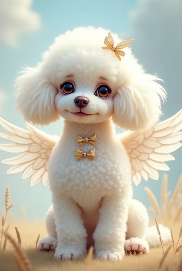 Female French Poodle breed dog, white color with angel wings and bows