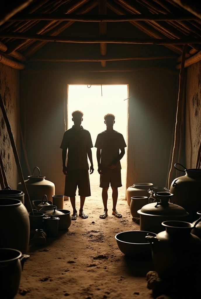 Il y a deux hommes debout dans une hutte avec des pots et des casseroles., par Edwin Georgi, image cinématographique primée, Photographie primée 8K, photographie anthropologique, image époustouflante, art époustouflant, par Dietmar Damerau, Scène visuellement époustouflante, film encore 8 k, Film 8K encore, par Alexander Bogen, dure lumière du matin, par Scott Samuel Summers