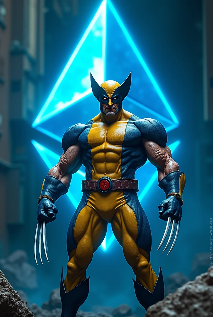 The Wolverine in costume with the ethereum logo behind him glowing blue