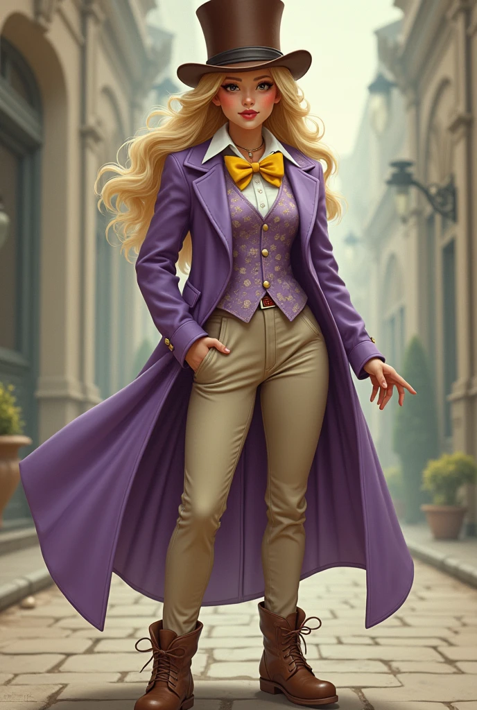 a girl with an hourglass body, curly blonde hair, brown eyes and fair skin. She has a big big ass. . He wears a brown top hat, purple jacket, white long sleeve shirt with yellow bow tie, lavender floral vest, beige pants, Brown shoes.