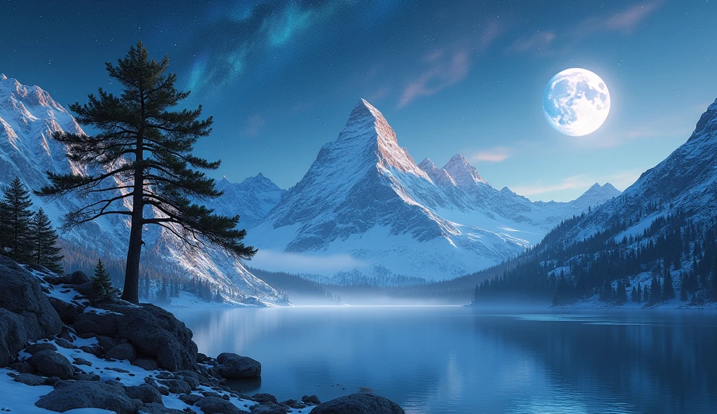 A (majestic:1.6) snow-covered mountain range under a (crystal-clear:1.5) night sky, illuminated by a (brilliant:1.4) full moon. The scene is reflected perfectly in a (pristine:1.5) alpine lake at the base of the mountains, with (silvery:1.3) mist gently hovering over the water. In the foreground, a (solitary:1.4) ancient pine tree stands on a (rocky:1.2) outcrop, its (gnarled:1.3) branches reaching toward the sky. The sky is filled with (vibrant:1.5) stars, and the Milky Way arcs gracefully across, casting a (soft, ethereal:1.4) glow. A (delicate:1.3) aurora borealis dances faintly at the horizon, adding a touch of (mystical:1.4) color to the scene. The atmosphere is one of (tranquil:1.5) serenity and (timeless:1.3) beauty.