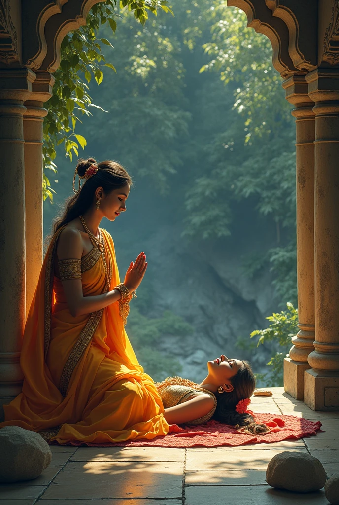 A woman devotee lying in the feet of lord krishna 