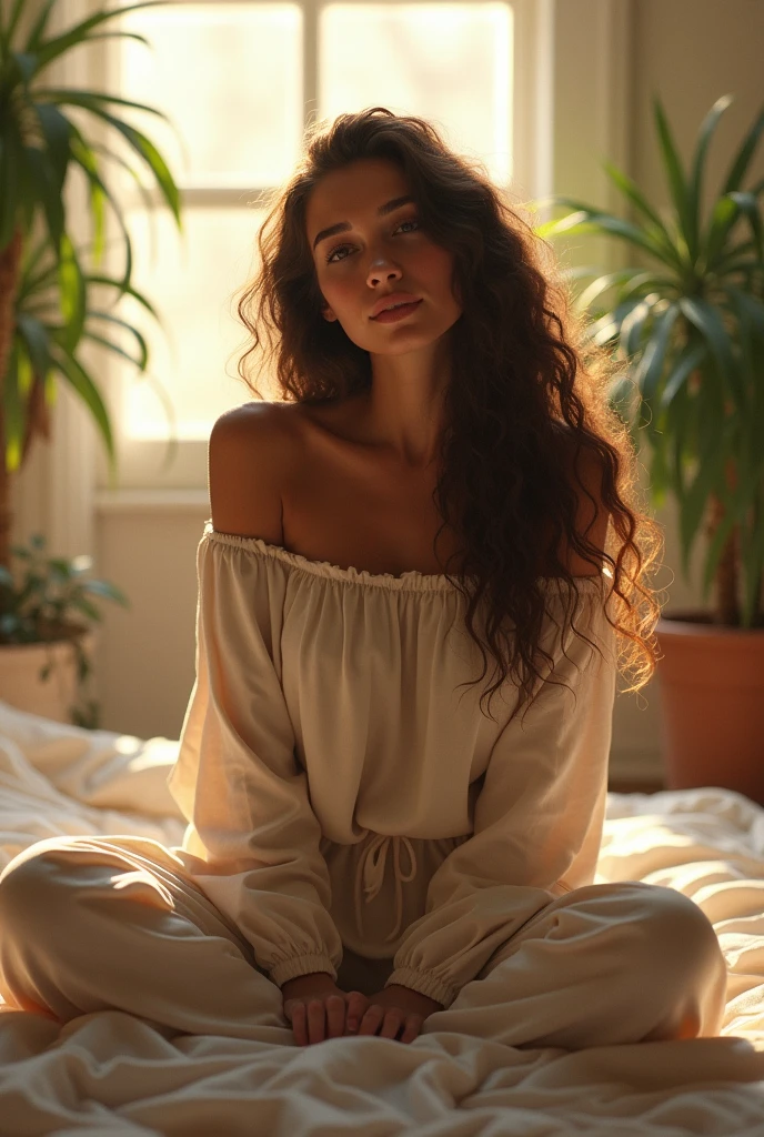 (photorealism:1.2), beautiful woman, sitting on bed, wearing loose off-shoulder top, pajama pants, long curly hair, indoors, soft lighting, plants in background, window with sunlight, cozy room, relaxed pose, realistic, intricate details, warm colors, by Greg Rutkowski, by Alphonse Mucha