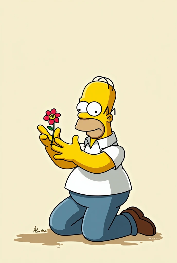 Homer Simpson kneeling down handing a flower towards the screen