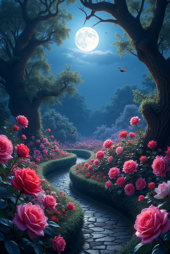 a rose garden at night