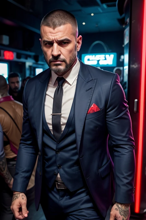 Late middle-aged Italian thug, tattooed knuckles, open necked, brightly-coloured silk shirt, expensive suit. Buzz-cut greying hair, close cropped stubble on his face. Hard edged, vicious, cruel expression on his face. Setting is an empty night club, before opening time.
