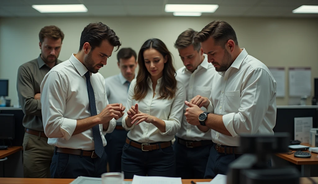 Photo , office, The employees stood there in bewilderment, looking at their watches.
