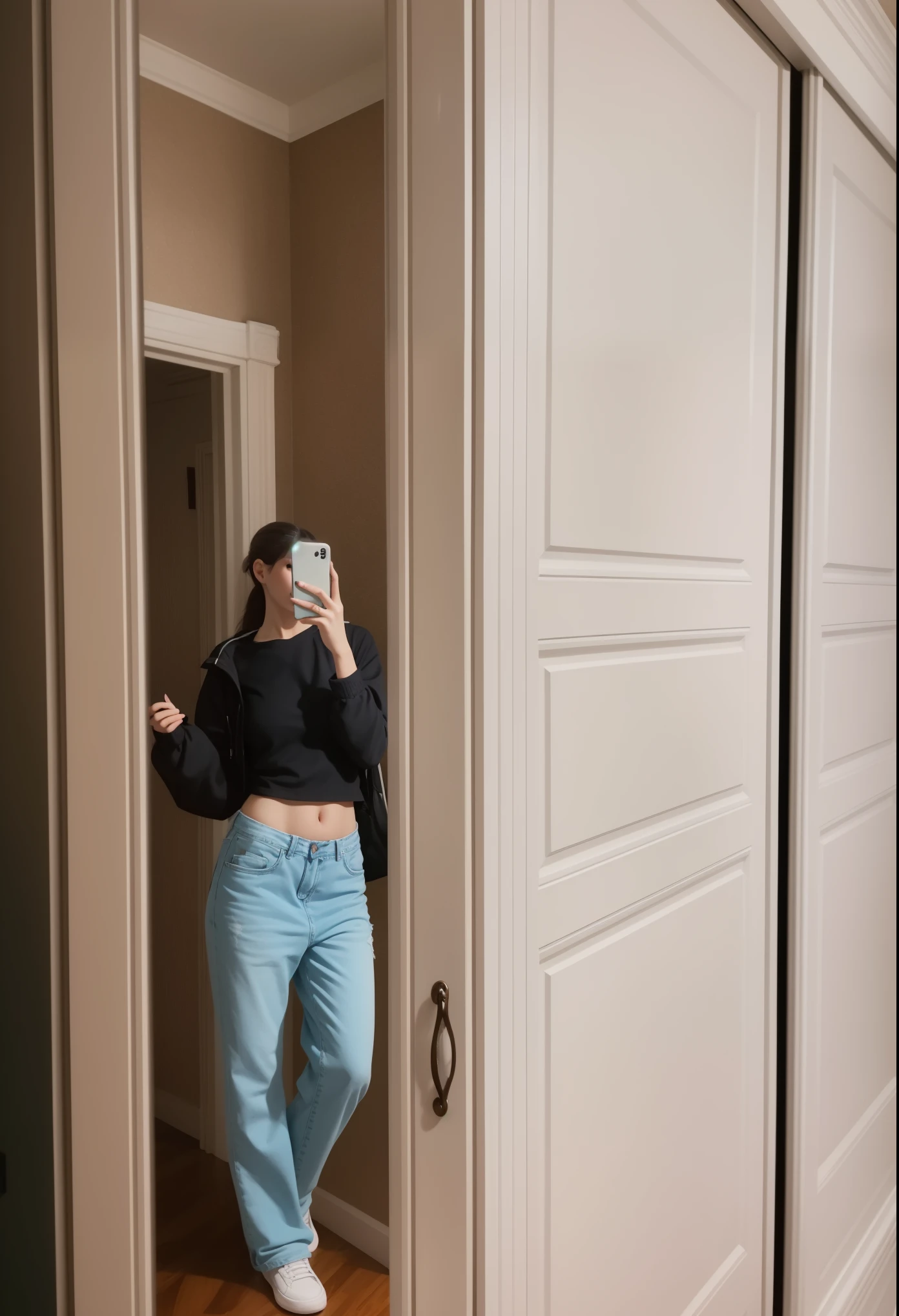 A girl takes a photo in the mirror, beautiful girl, athletic girl, girl holding phone in hands, photo of the house, photo in the mirror, Realism, hair pulled back into a ponytail, in jeans and a top, photo in the mirror шкафа, телефон возле головы, аккуратные волосы