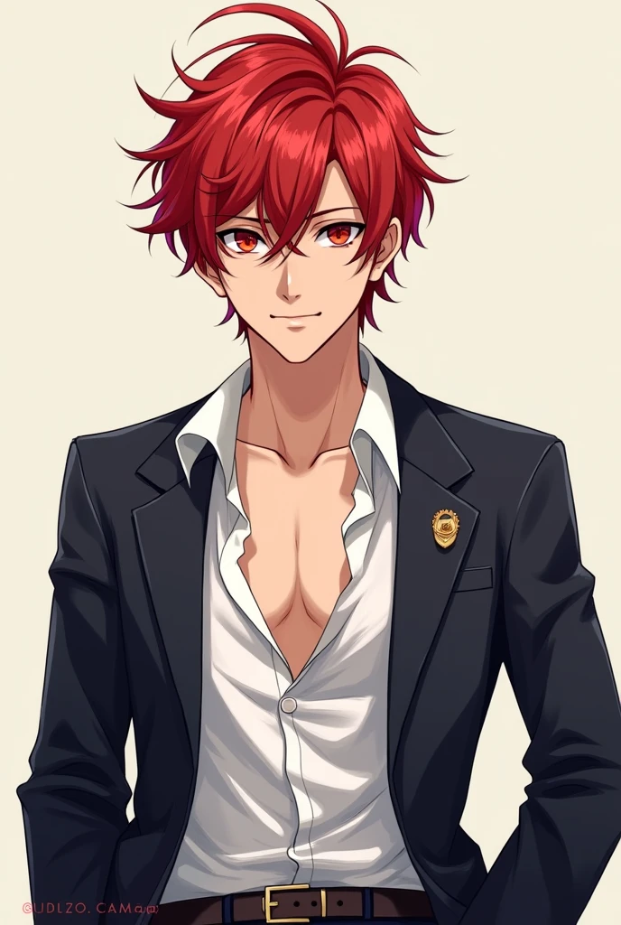Anime style male character with red hair and an unbuttoned suit