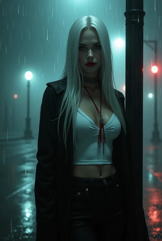 High quality, dark and mysterious foggy cityscape at night, illuminated by a soft glow of white streetlights. Rain glistening under the streetlight and on the wet pavement and reflecting the lights like a mirror. The misty atmosphere veils a dark and moody feels with a single mysterious vampire female leaning against the street light wearing a long black slim coat, short white low v neck t-shirt, exposing cleavage, long red gothic necklace. porcelain white skin with a few freckles. beautiful white silky long straight (Straight) hair with red tips, bright blood color lipstick, beautiful, luring, tall in height, slim, with a cinematic and moody tone, luring you in with her stance of wanting you, invoking a sense of scary and dark look.