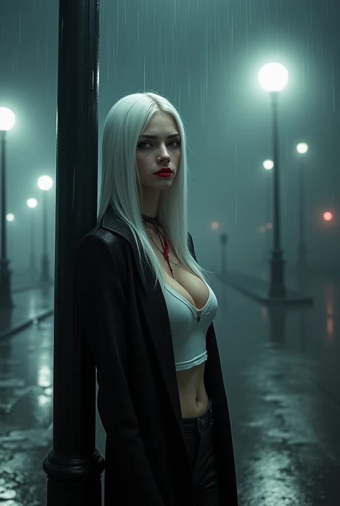 High quality, dark and mysterious foggy cityscape at night, illuminated by a soft glow of white streetlights. Rain glistening under the streetlight and on the wet pavement and reflecting the lights like a mirror. The misty atmosphere veils a dark and moody feels with a single mysterious vampire female leaning against the street light wearing a long black slim coat, short white low v neck t-shirt, exposing cleavage, long red gothic necklace. porcelain white skin with a few freckles. beautiful white silky long straight (Straight) hair with red tips, bright blood color lipstick, beautiful, luring, tall in height, slim, with a cinematic and moody tone, luring you in with her stance of wanting you, invoking a sense of scary and dark look.