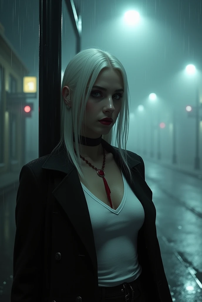 High quality, dark and mysterious foggy cityscape at night, illuminated by a soft glow of white streetlights. Rain glistening under the streetlight and on the wet pavement and reflecting the lights like a mirror. The misty atmosphere veils a dark and moody feels with a single mysterious vampire female leaning against the street light wearing a long black slim coat, short white low v neck t-shirt, exposing cleavage, long red gothic necklace. porcelain white skin with a few freckles. beautiful white silky long straight (Straight) hair with red tips, bright blood color lipstick, beautiful, luring, tall in height, slim, with a cinematic and moody tone, luring you in with her stance of wanting you, invoking a sense of scary and dark look.