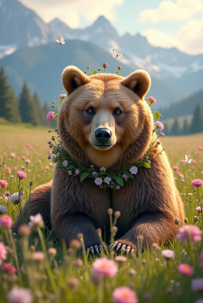 A large brown bear wearing a flower canopy is sitting in a field of spring wildflowers picking wildflowers, white spring butterflies are flying, soft sunlight is shining through, realistic photo, beautiful Alpine mountains in the distance