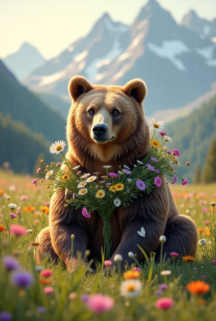 A large brown bear wearing a flower canopy is sitting in a field of spring wildflowers picking wildflowers, white spring butterflies are flying, soft sunlight is shining through, realistic photo, beautiful Alpine mountains in the distance