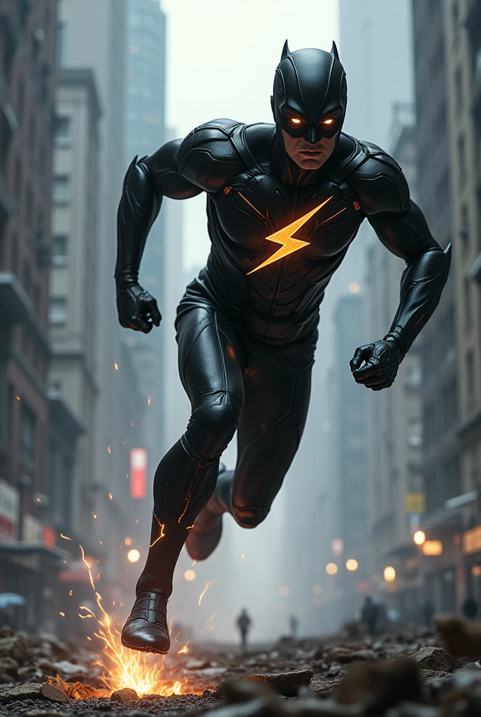 A superhero with super speed in a black suit with lightning bolts saving a person
