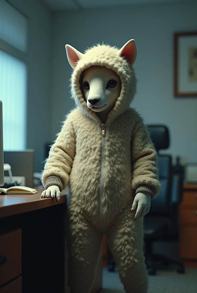 Here's a variant of the prompt with the twist:

"Create a hyper-realistic 8K cinematic image of a short, chubby female sheep standing next to an office desk, but with a twist: the sheep's costume is partially unzipped, revealing that it is actually a wolf wearing the sheep disguise. The wolf's sharp eyes, pointed ears, and menacing snout are clearly visible, contrasting sharply with the soft, woolly sheep costume. The wolf's muscular build is hinted at beneath the ill-fitting sheep suit. The scene is set in a modern office, with the desk and surrounding area reflecting a typical work environment. The lighting highlights the wolf's predatory features while casting subtle shadows, adding depth to the deception."