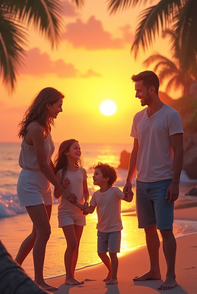 : Sun setting over a happy family on the beach, everyone enjoying together. The image evokes a feeling of unity and happiness.