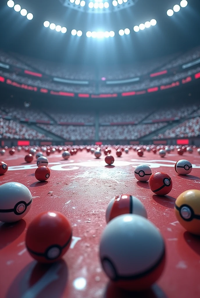 Pokemon Battle Arena, no Pokemon only the arena floow with Pokeballs, close shot