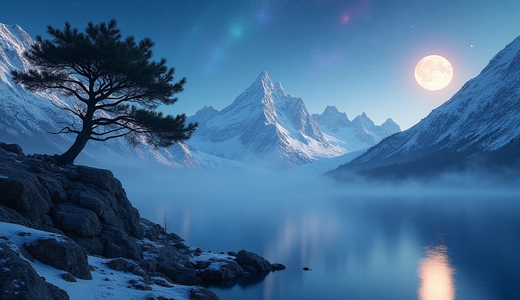 A (majestic:1.6) snow-covered mountain range under a (crystal-clear:1.5) night sky, illuminated by a (brilliant:1.4) full moon. The scene is reflected perfectly in a (pristine:1.5) alpine lake at the base of the mountains, with (silvery:1.3) mist gently hovering over the water. In the foreground, a (solitary:1.4) ancient pine tree stands on a (rocky:1.2) outcrop, its (gnarled:1.3) branches reaching toward the sky. The sky is filled with (vibrant:1.5) stars, and the Milky Way arcs gracefully across, casting a (soft, ethereal:1.4) glow. A (delicate:1.3) aurora borealis dances faintly at the horizon, adding a touch of (mystical:1.4) color to the scene. The atmosphere is one of (tranquil:1.5) serenity and (timeless:1.3) beauty.