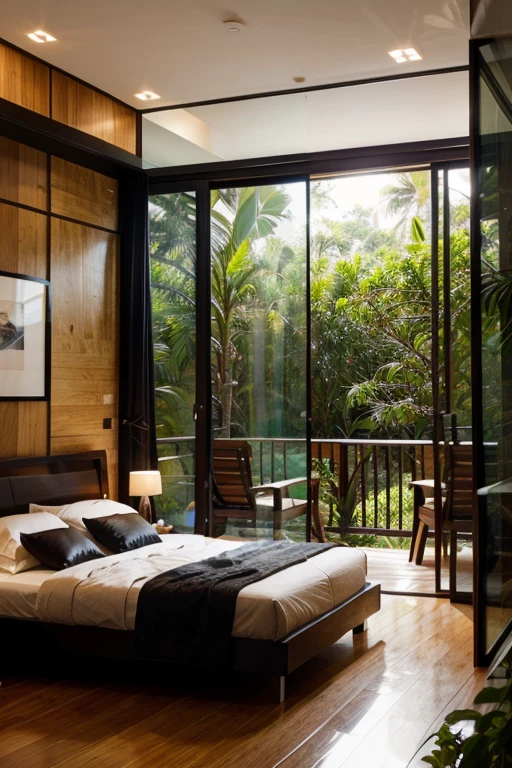 creates the image of a modern black bedroom with wooden details and a glass balcony, in a tropical forest