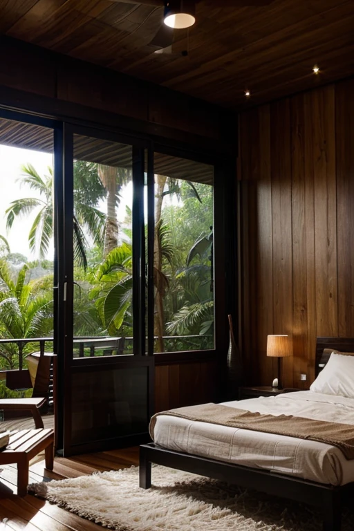 creates the image of a modern black bedroom with wooden details and a glass balcony, in a tropical forest