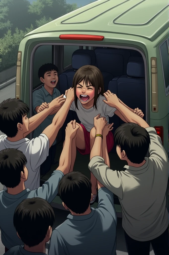 A group of 10 to 15 people are lifting a girl and putting her in an omnivan and out of those 10 to 15 people, 4 are holding the girl's hands and legs and the girl is screaming in pain