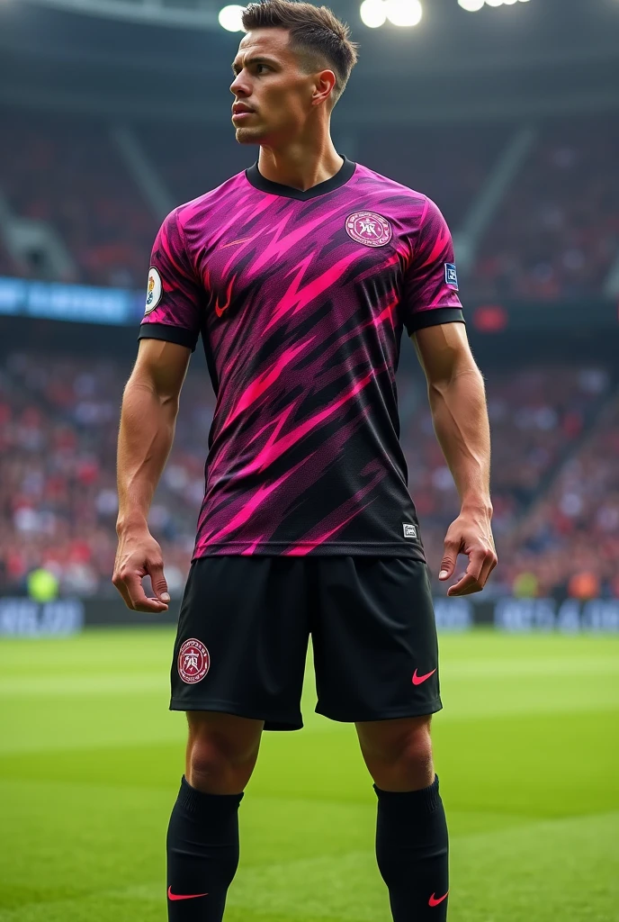 Make me a soccer uniform with a spectacular design that the colors are black with pink
