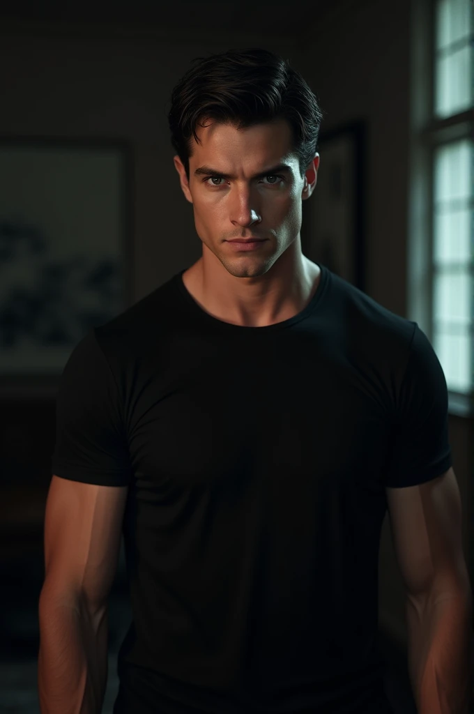 Young Bruce Wayne man black hair, big muscular body, black t-shirt, in a dark room closeup face short