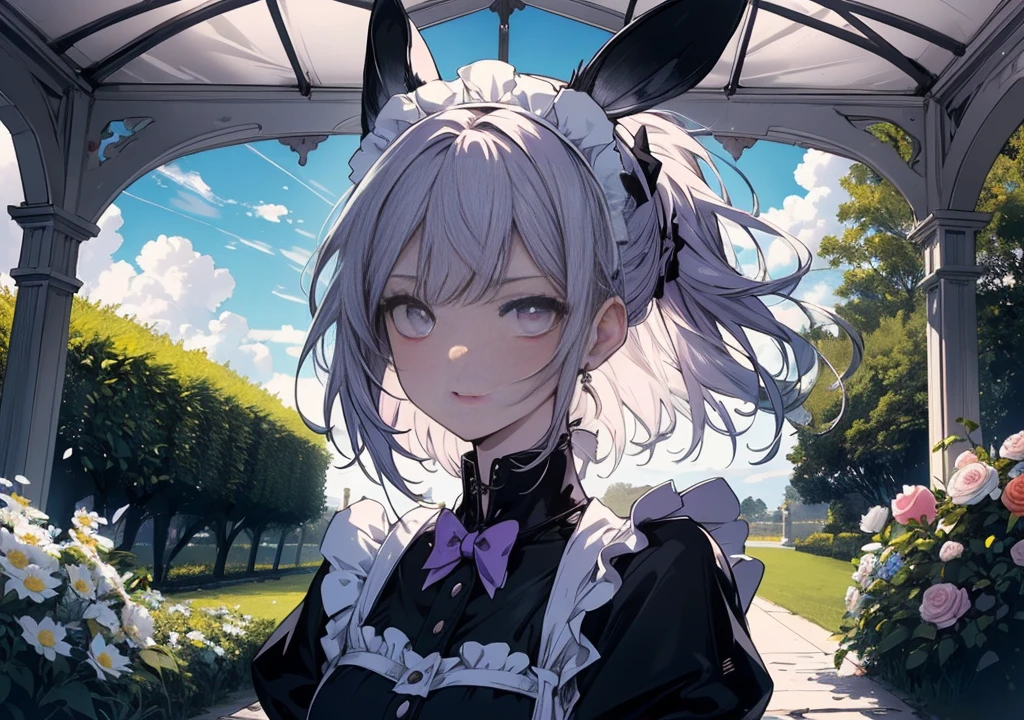 (masterpiece,最high quality,high quality,Ultra high definition,accurate,Ultra-detailed,High detail,Better Quality,8k,16K,High resolution,High-resolution model,Winner of numerous awards,Anatomically correct,CG rendering,anime:1.4),(Mr.々In a white Victorian gazebo in a garden surrounded by beautiful flowers,Devilish maid with black rabbit ears preparing afternoon tea:1.5),Pink half-up hair fluttering in the wind,Captivating purple eyes with long eyelashes,Highly detailed Victorian maid outfit,Deep(Highly detailed white gazebo,Garden with sunlight shining through the clouds,Background of arranged afternoon tea), Highly detailed face,虹彩のあるUltra high definitionな目,Textured skin,Conservative maid outfit with attention to detail,Shiny beautiful hair,Delicate depiction of hair,Delicate expression),Natural light,Backlight,顔と周囲に投影されたhigh qualityの影, Deep colors,Sharp details,Each hair is clearly visible,Perfect attention to detail,A gentle breeze blows and my hair flutters,High contrast,Dark atmosphere,Framing Composition,Wide-angle shot,