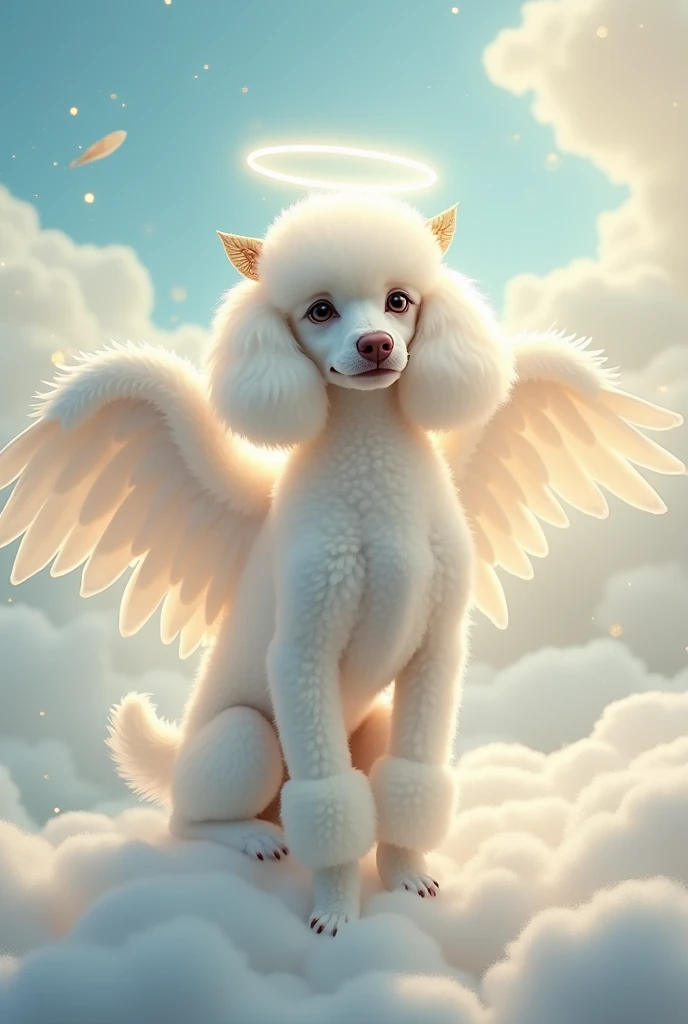 Female French Poodle breed dog, white color, with angel wings and bows on her ears 
