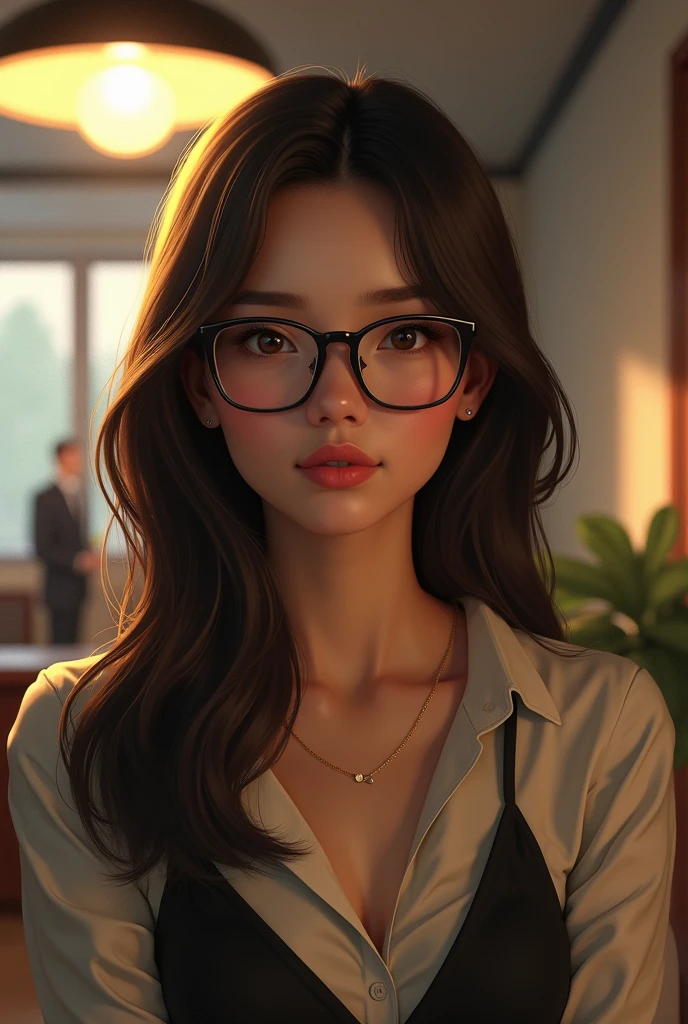 (photorealism: 1.2), beautiful woman, standing, wearing something formal but casual, medium dark brown and straight hair swept to the side, wearing rectangular glasses on her face, age 20, fair skin, indoors, soft lighting with spotlight on her, office in the background, soft pose, realistic, intricate details, warm colors, by Greg Rutkowski, by Alphonse Mucha