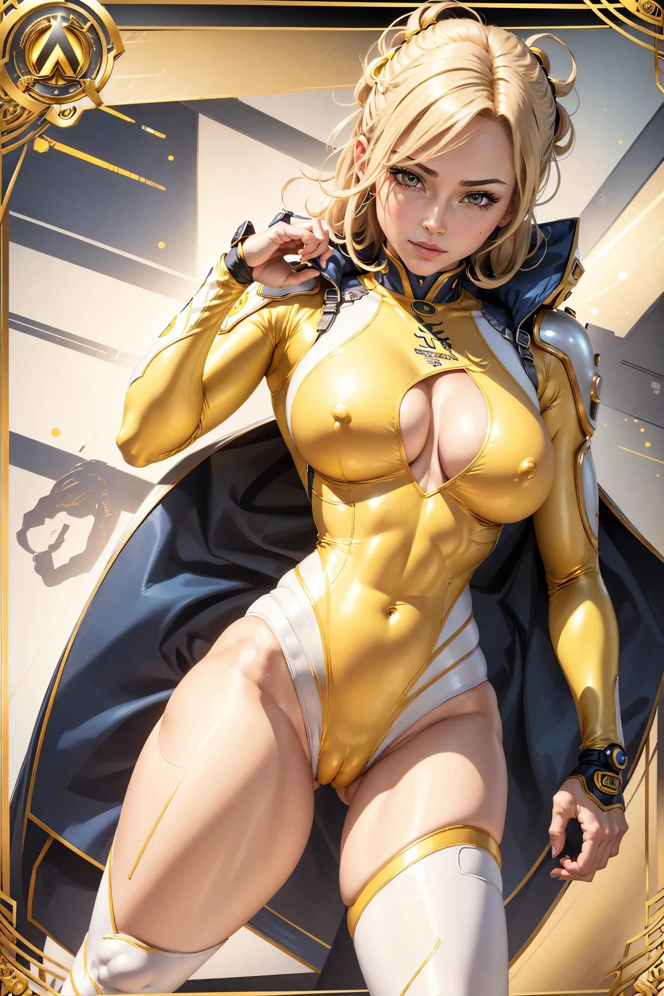 (masterpiece:1.2, Highest quality),(Very detailed),8K,wallpaper,1 female,Mature Woman,4,Sentai heroine colorful, Muscular,((white line on vivid yellow metallic squadron suit)),(((betterhand))),(The background is aurora rainbow),Random hairstyle,Random pose,(((Beautiful female hands,detailed drawing of a hand))),cyber punk,((Beautiful trading cards,gold framed)), ((cameltoe)),
