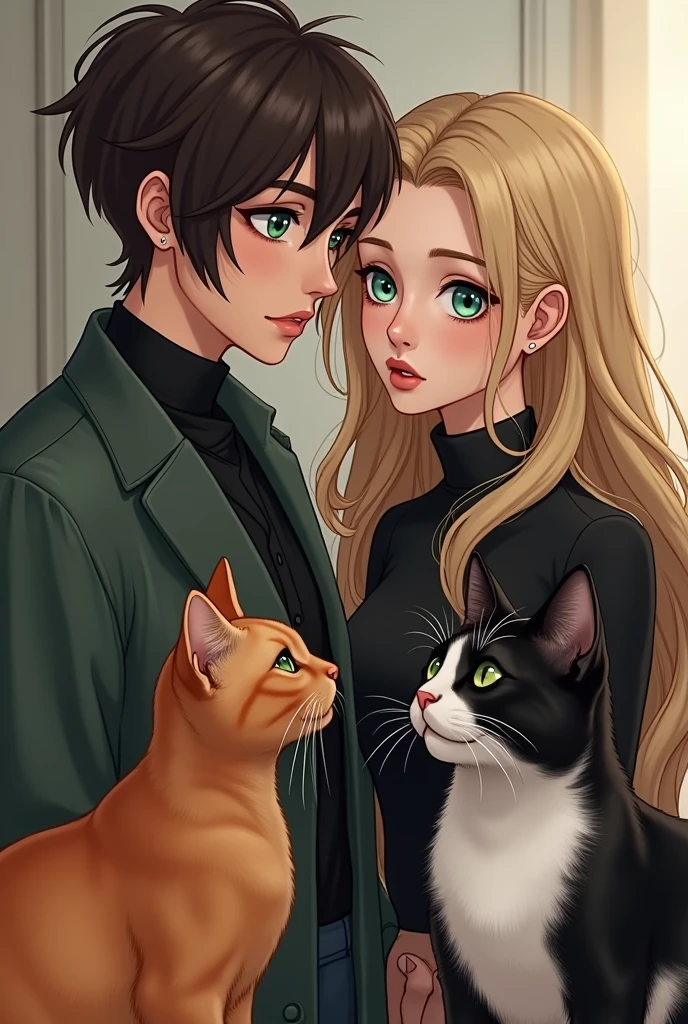 Something intimate yet not overly domestic. A 2 feminine woman with long blonde hair, sea blue eyes, dressed in not-so-feminine clothes, and a 6'2" tall 1 masculine woman with short boy cut dark brown hair and emerald green eyes in stylish masculine clothes. An orange boy cat and a black-and-white girl cat.